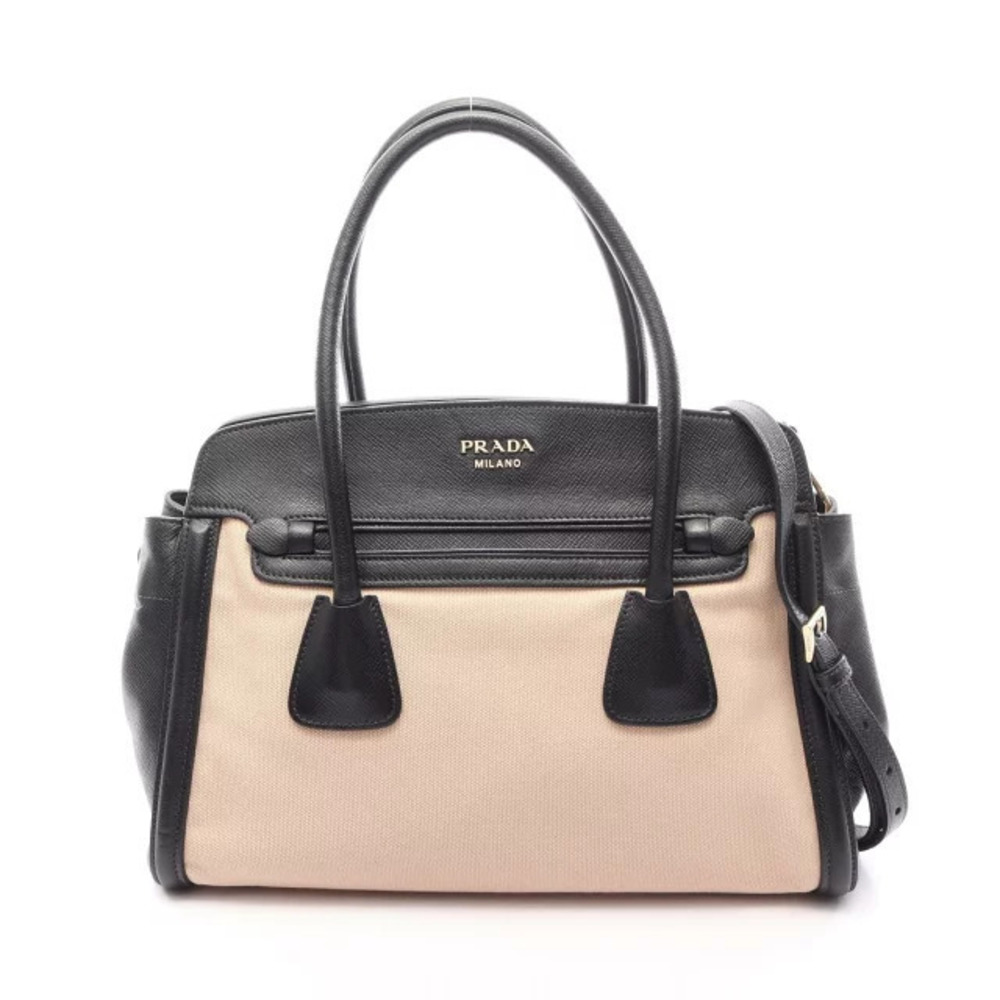 Prada Handbag Canvas Saffiano Leather Ivory White Black